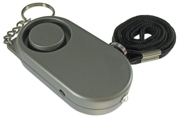 Battery powered Mini Personal Attack Alarm with key ring attachment, pull pin & torch